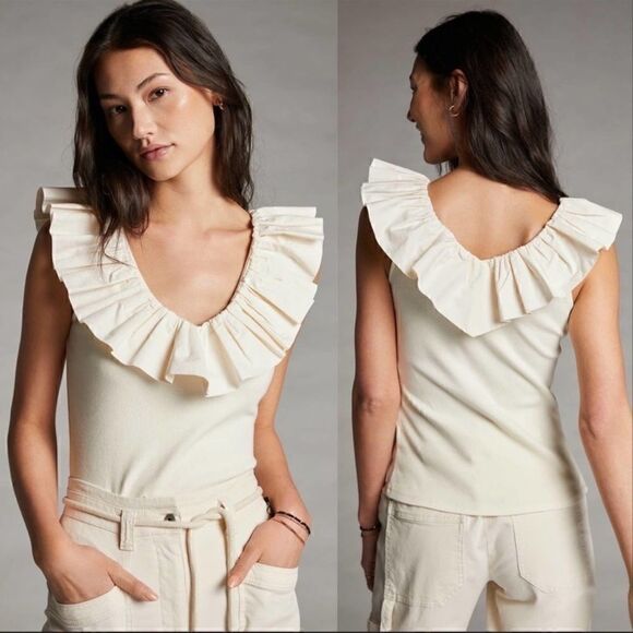 ANTHROPOLOGIE Maeve Tina Ruffled Ribbed Tank Top L - Picture 1 of 8
